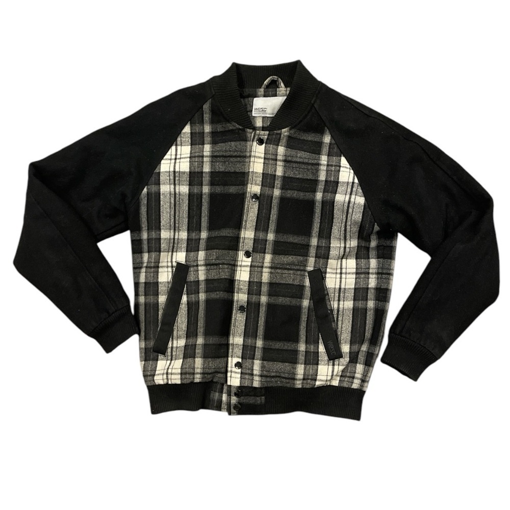 WESC S black/cream plaid padded varsity snap close snap pockets wool blend